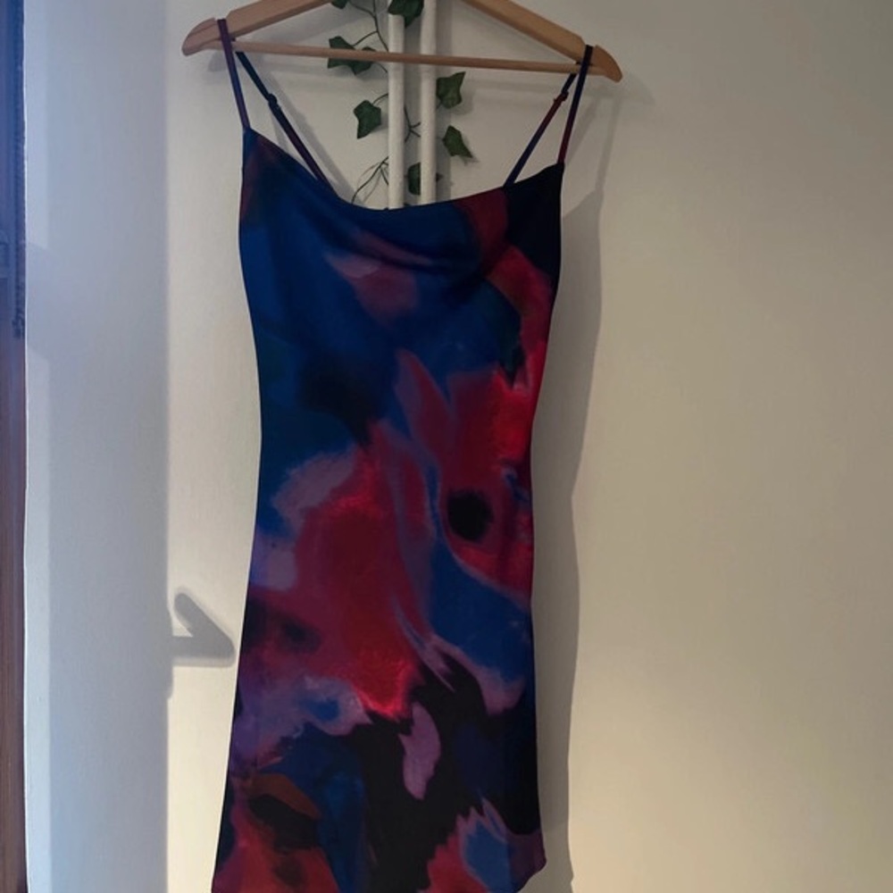 Vibrant Blue and Red Spaghetti Strap Slip Mini Dress